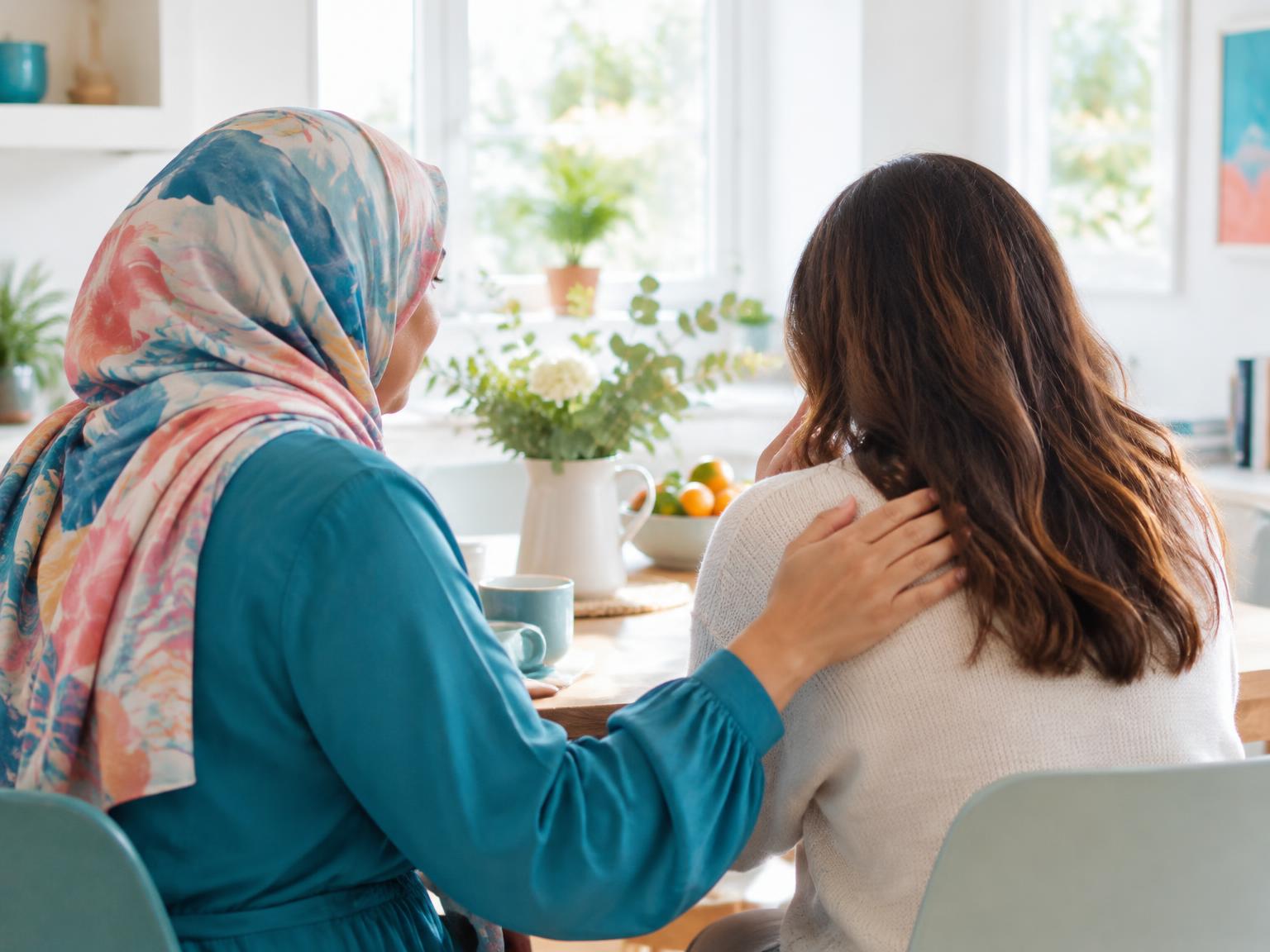 A Muslim mother and teenage daughter in hijab talking at a kitchen table, seen from behind