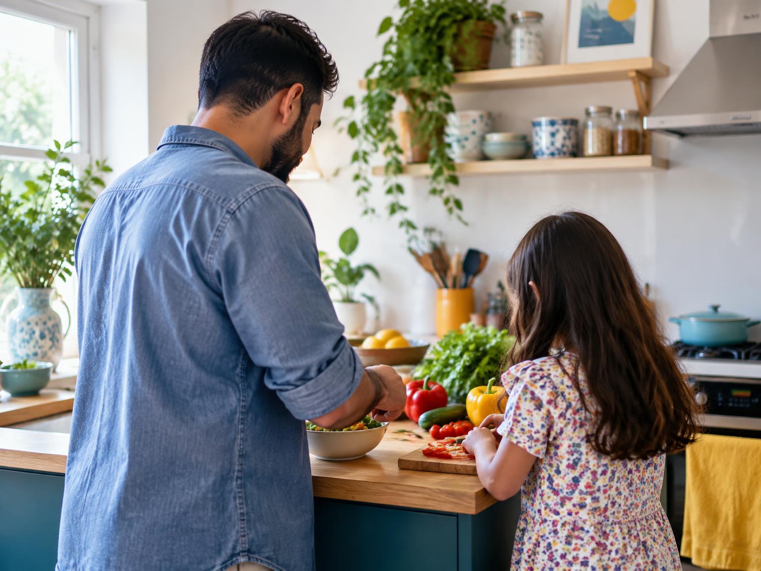 A father and daughter preparing a colourful meal together, seen from behind