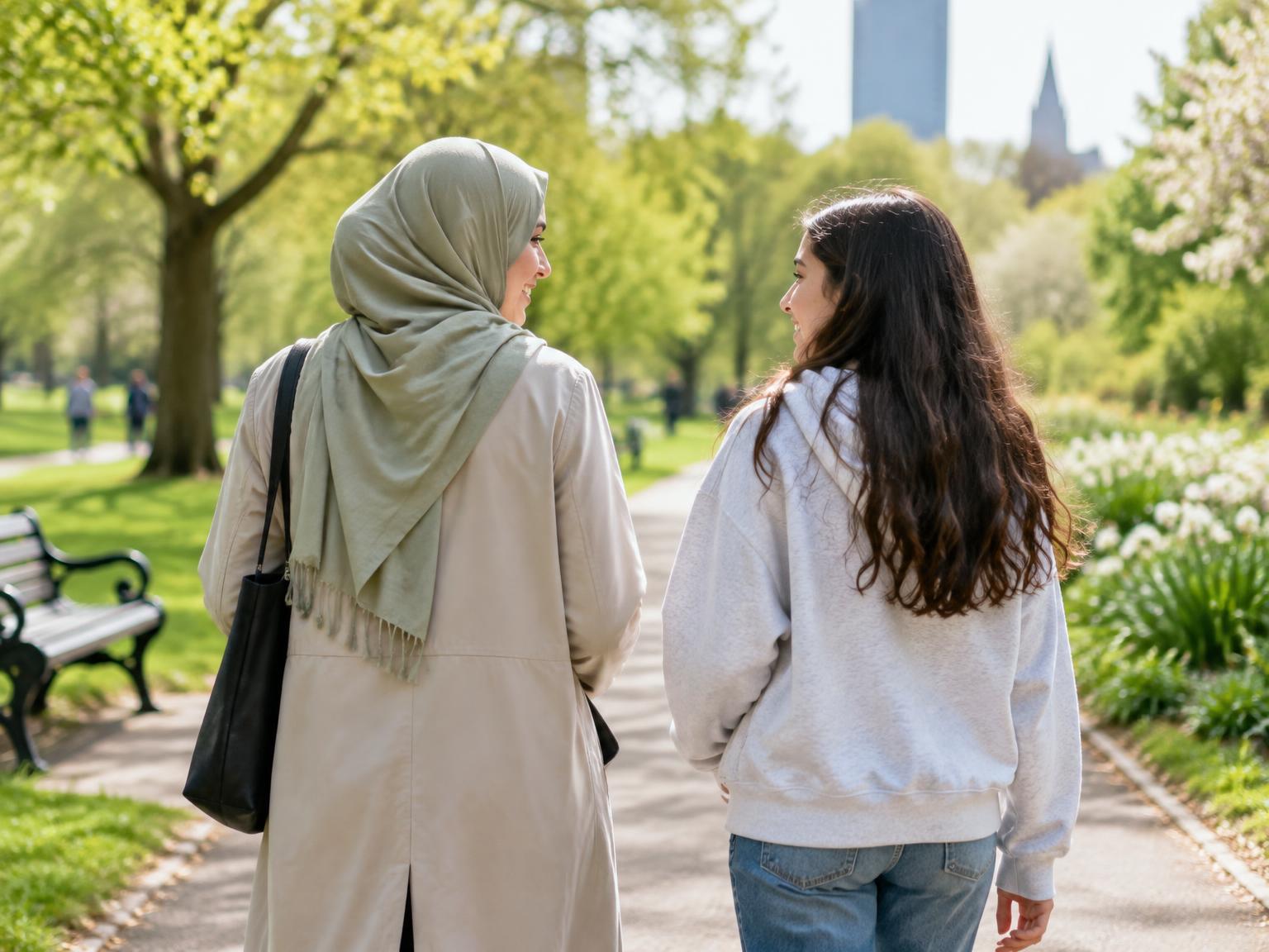 A Muslim father and teenage son talking while walking through a park, seen from behind