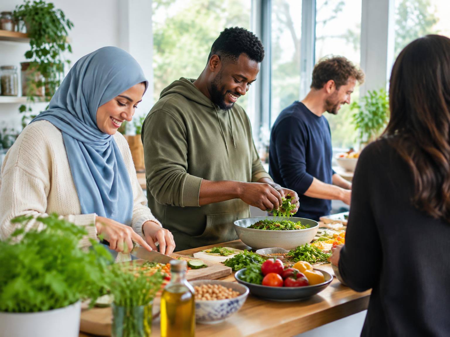A diverse group of Muslims preparing an everyday meal together, seen from natural side angles