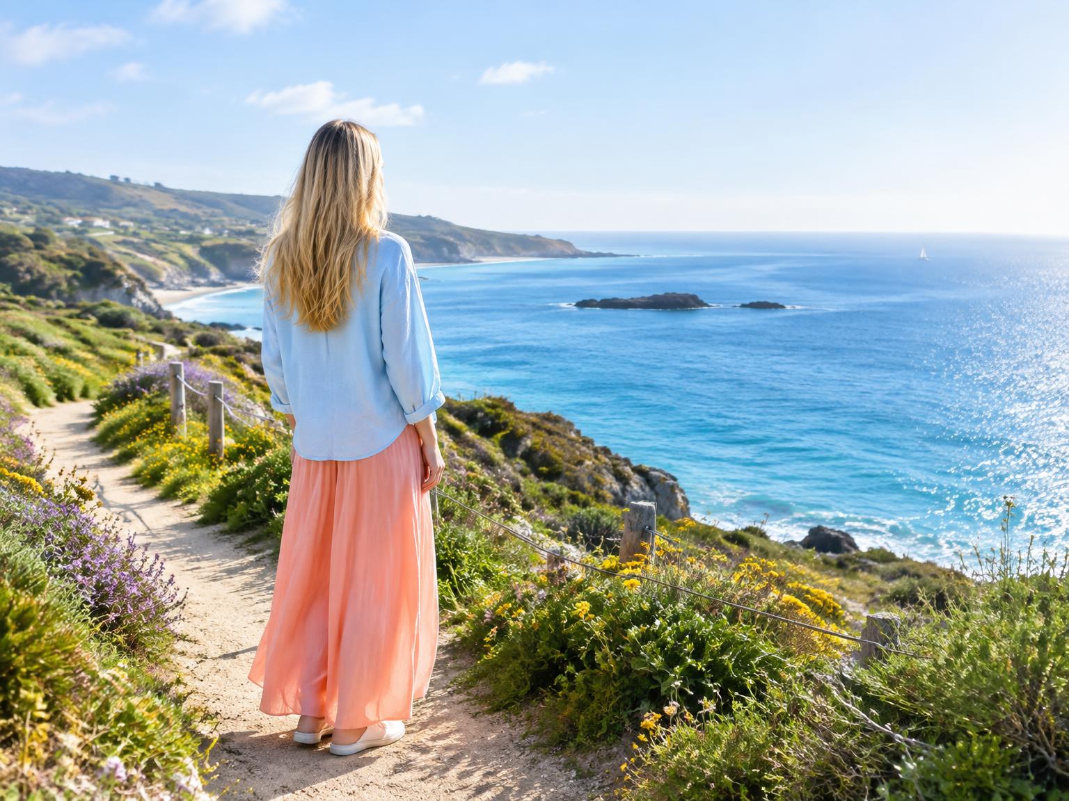 A woman pausing on a bright coastal path overlooking the sea, seen from behind
