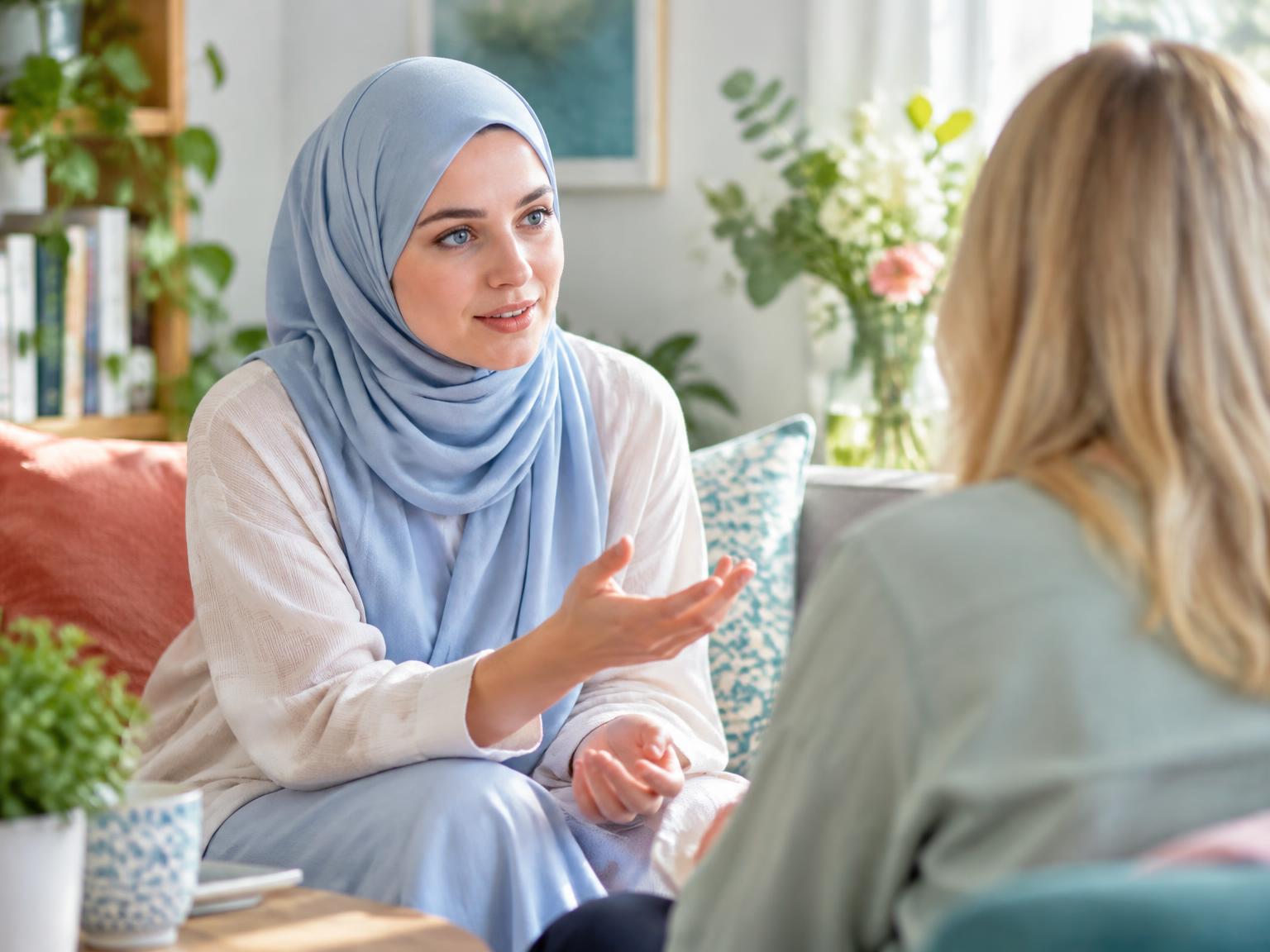 Two Muslim women in hijab speaking together beside a bright window, seen from behind