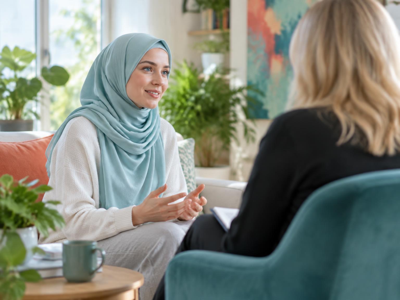 A Muslim woman speaking with a wellbeing professional, both seen from behind or in side profile